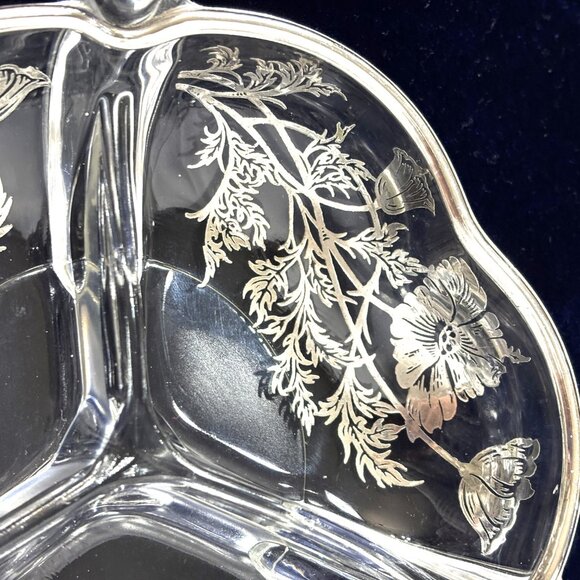 Vintage 3 Part Divided Relish Dish w/ Floral pattern & silver edge - Picture 5 of 10